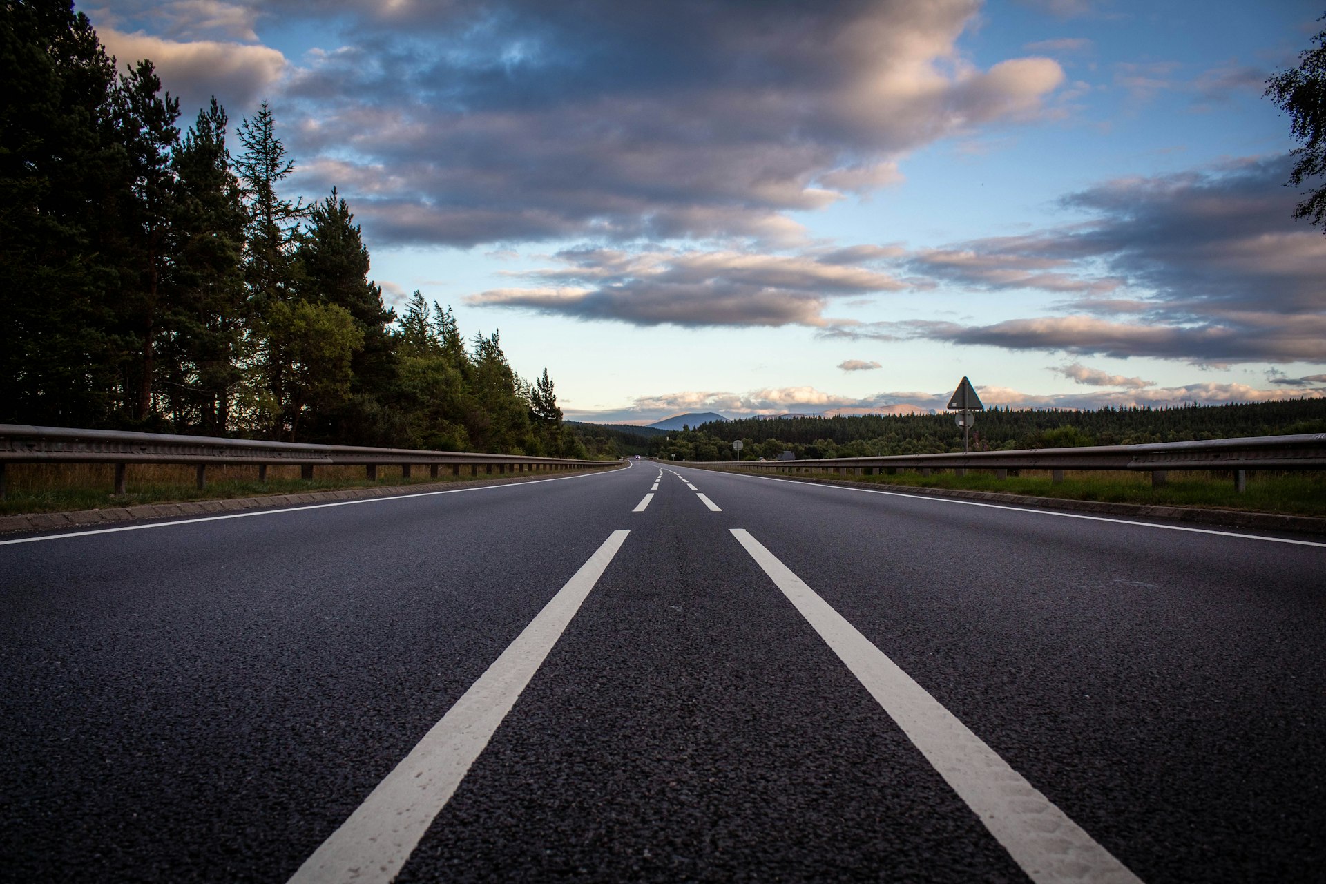 An open highway running through pine forest at dusk.